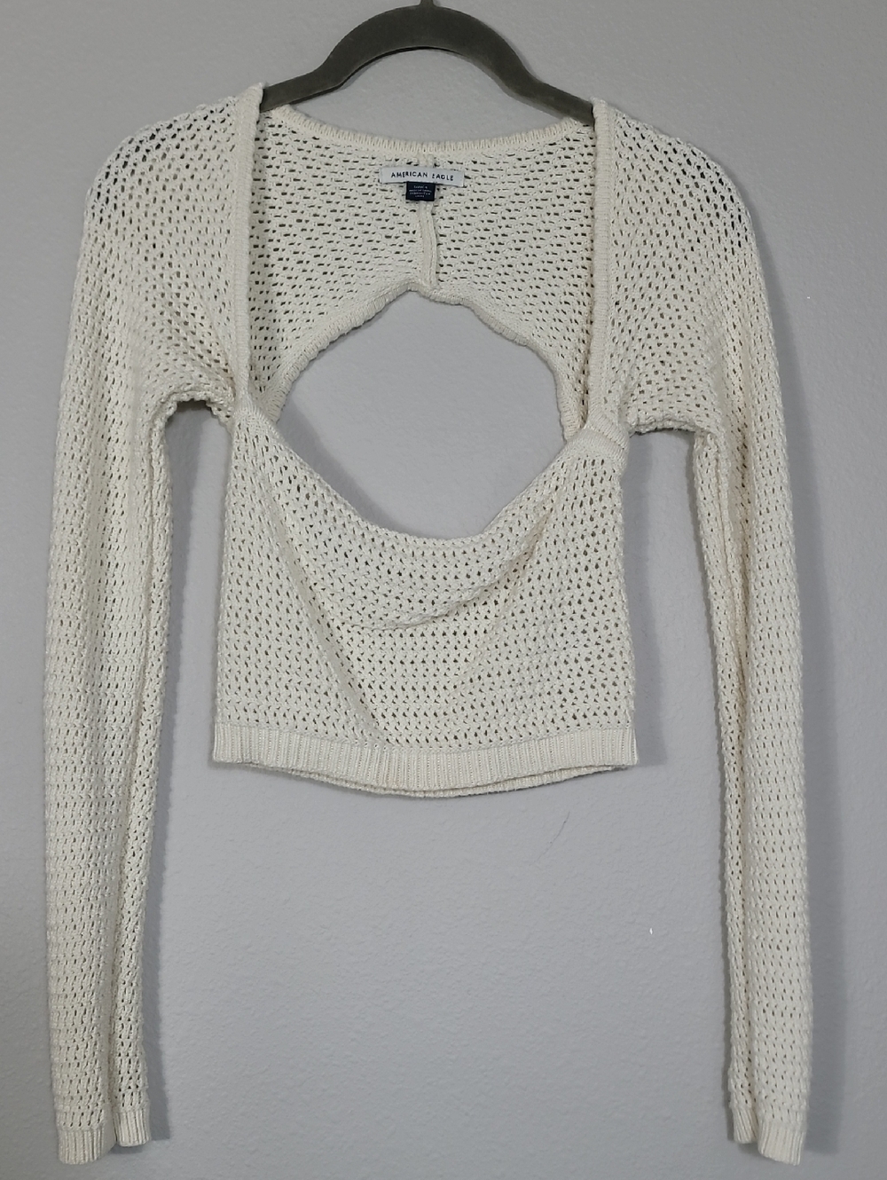 American Eagle Crochet Knit Crop Top Size Small Ivory Square Neck Bolero Boho